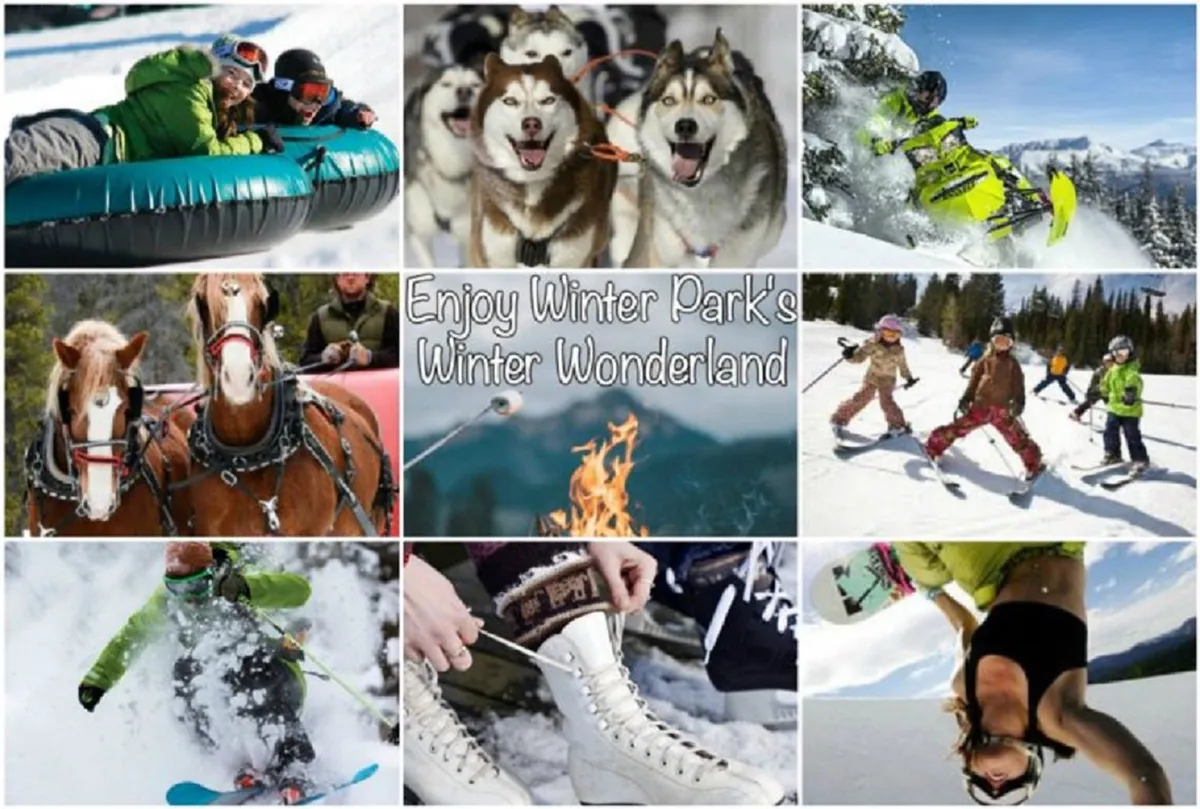 A lively winter scene featuring families snow tubing, children playing in the snow, sled dogs, snowboarding, and a cozy fire pit—all set against a snowy mountain backdrop. The image captures a variety of snow activities and the joyful energy of family-friendly winter experiences.