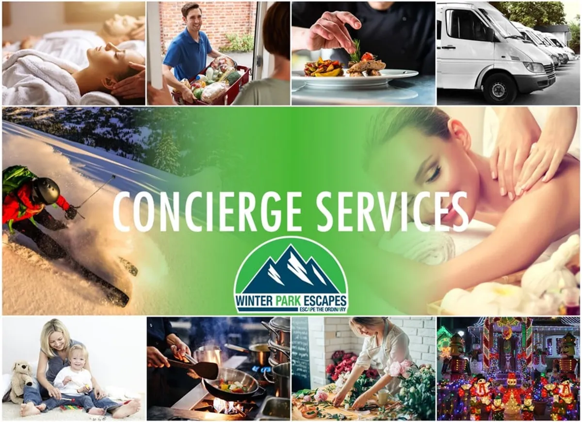 A vibrant collage-style interior scene featuring elements of concierge services: food delivery, private massages, skiing, family activities, and festive holiday decor. The overall mood is warm, welcoming, and luxurious, representing a range of curated and resort-style experiences available in-home.