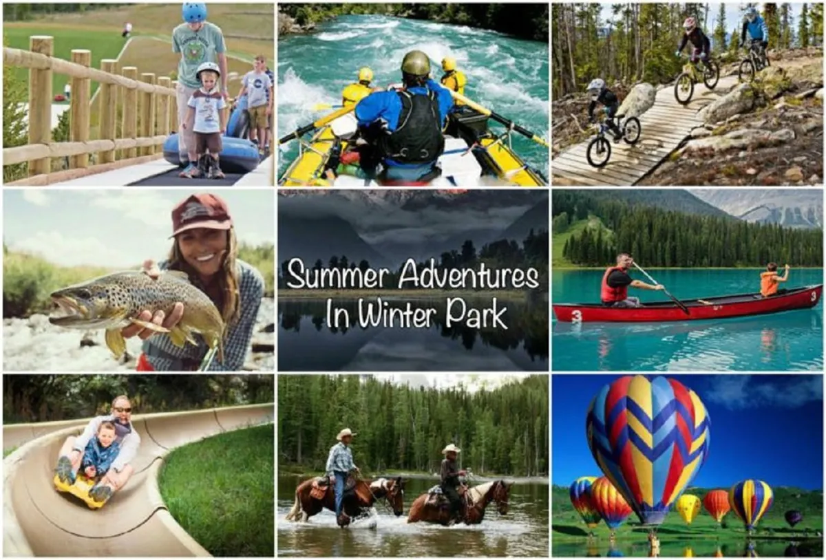 An energetic, multi-activity outdoor scene with families white-water rafting, biking on scenic trails, fishing, children playing on a slide, and even a hot air balloon in the sky. The image is bursting with action, highlighting the variety of summer excursions available.